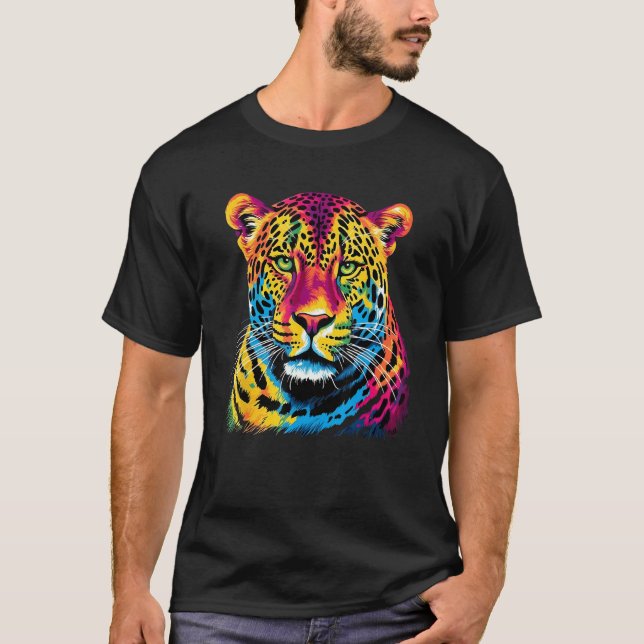 Rainbow Jaguar Big Cat Lover Print Graphic Abstrac T Shirt (Framsida)