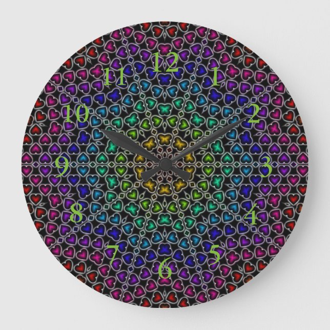 Rainbow Kaleidoscope Hearts Mönster Wall Clock Stor Klocka (Framsida)