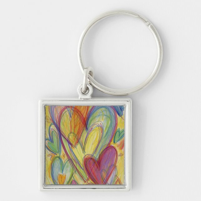 Rainbow Kärlek Hearts Art Inspirational Keychain Fyrkantig Silverfärgad Nyckelring (Framsidan)