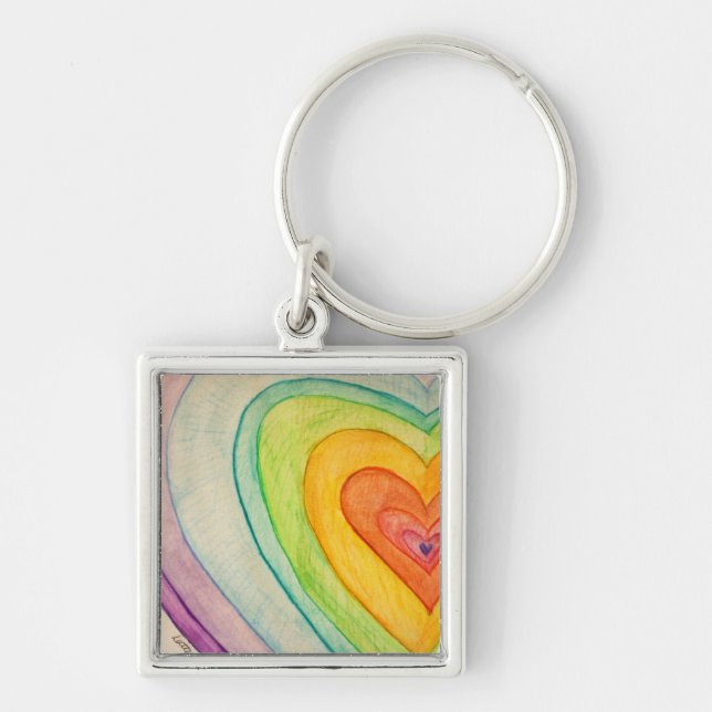 Rainbow Kärlek Hearts Art Inspirational Keychain Fyrkantig Silverfärgad Nyckelring (Framsidan)