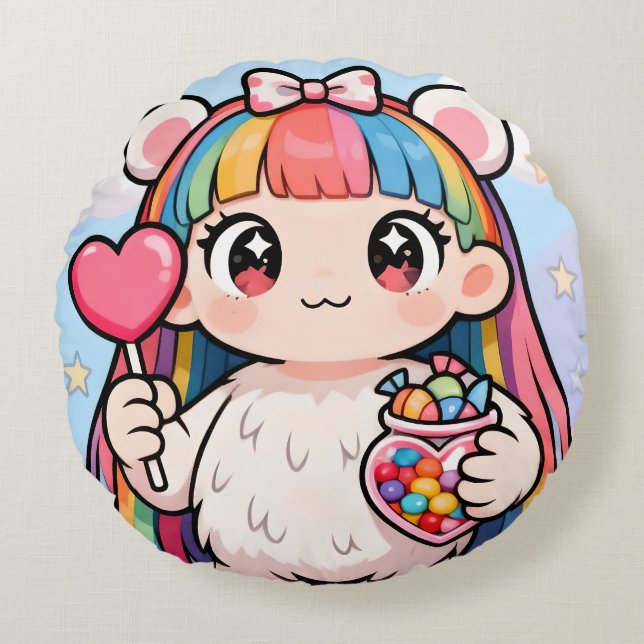 Rainbow Kawaii Bear Round Cushion Rund Kudde (Framsidan)