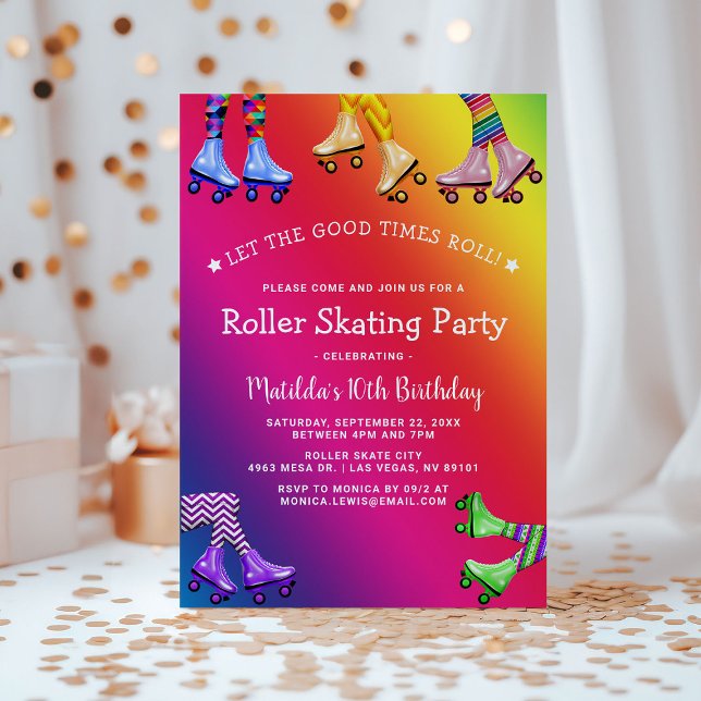Rainbow Kids Roller Skating Födelsedagsfest Inbjudningar (Skapare uppladdad)