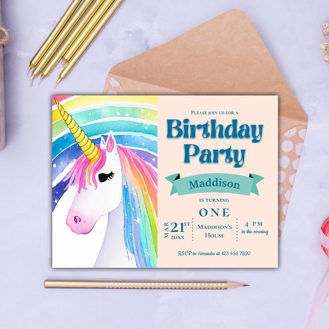 Rainbow Kids Unicorn 1st Birthday Party bjudande Vykort (Rainbow Kids Unicorn 1st Birthday Party Invitation Postcard)