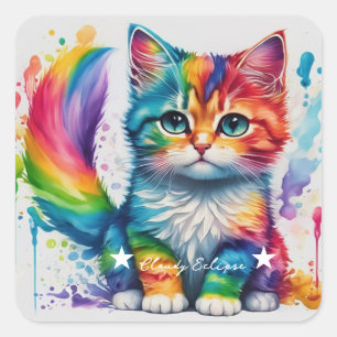 Rainbow Kitten Painter Fyrkantigt Klistermärke