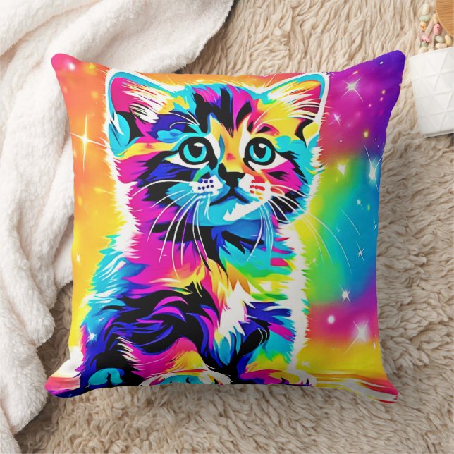 Rainbow Kitten Porträtt Kudde (Filt)