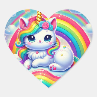 Rainbow Kittycorn Heart Stickers Hjärtformat Klistermärke