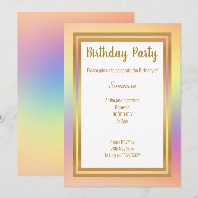 RAINBOW LAGRAR GULD TILLFÄLLEN BIRTHDAY INBJUDNINGAR (Fram/baksida)
