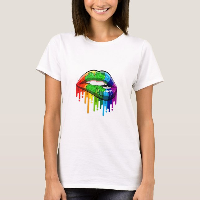 Rainbow Läppar w/ 4 löv klöver T Shirt (Framsida)