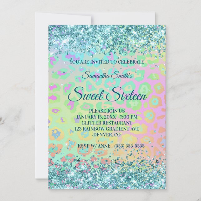 Rainbow Leopard Faux Teal Glitter Sweet 16 Inbjudningar (Framsida)