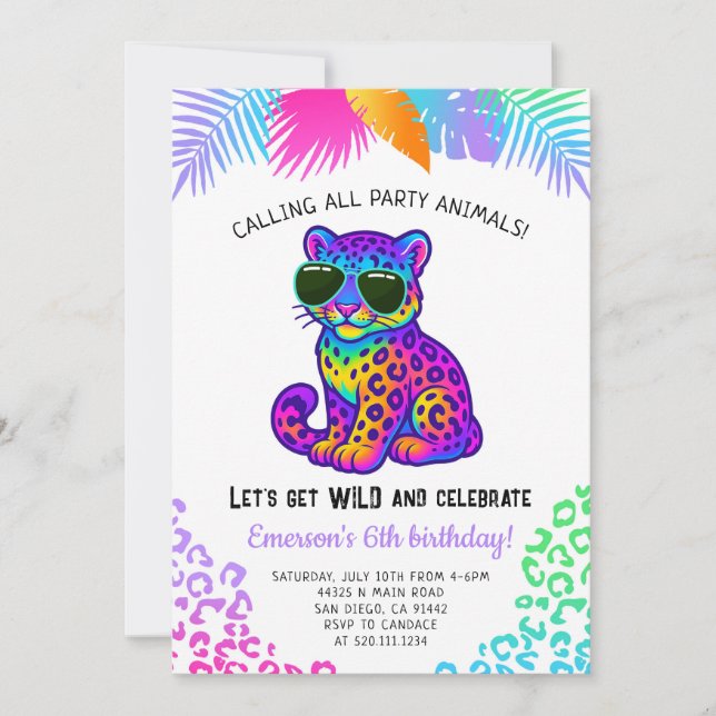 Rainbow Leopard Party Animals Birthday Invitation Inbjudningar (Framsida)