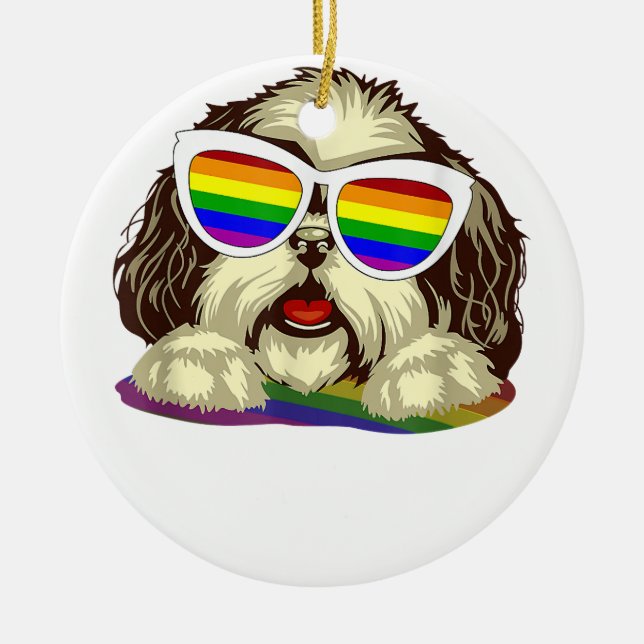 Rainbow LGBT Flagga Gay pride Shih Tzu Hund Copy Julgransprydnad Keramik (Framsidan)