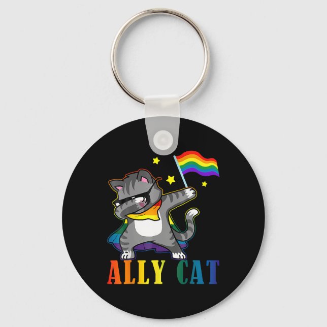 Rainbow Lgbt Lesbisk Pride Funny Cat Dabbing Nyckelring (Framsida)