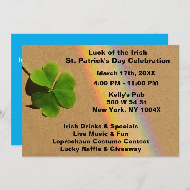 Rainbow Light Blue & Grönt Klöver Drinking Irish Inbjudningar (Fram/baksida)