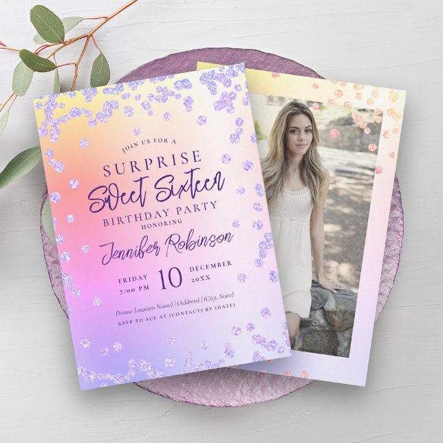 Rainbow Lila Glitter Photo SURPRISE Sweet 16 Inbjudningar (Rainbow Purple Glitter Photo SURPRISE Sweet 16 Invitation)