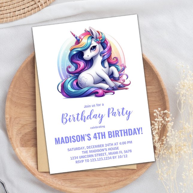 Rainbow Lila Unicorn Birthday-inbjudningar Inbjudningar (Rainbow Purple Unicorn Birthday Invitations)