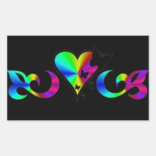 Rainbow Lily Heart och Butterfly Rektangulärt Klistermärke