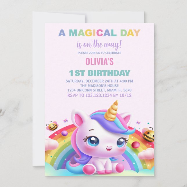 Rainbow Little Unicorn Birthday-inbjudningar Inbjudningar (Framsida)