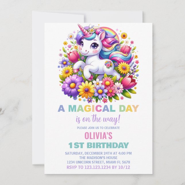 Rainbow Little Unicorn Birthday-inbjudningar Inbjudningar (Framsida)
