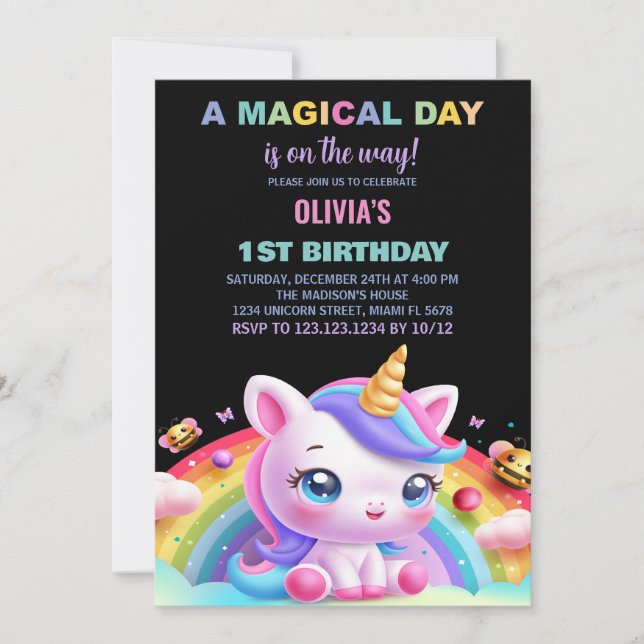 Rainbow Little Unicorn Birthday-inbjudningar Inbjudningar (Framsida)