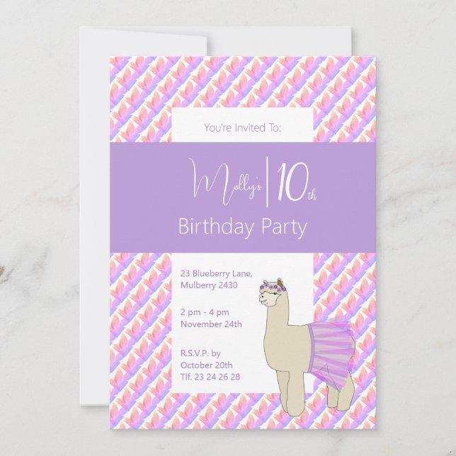 Rainbow Llama Lila Girls 10:e födelsedagen Inbjudningar (Framsida)