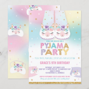 Rainbow Llama Pajama Födelsedagsfest Sleepover Inbjudningar