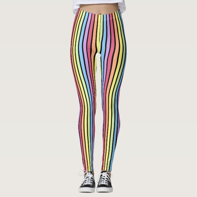 Rainbow Lodrät Rand Pastel Black Leggings (Framsida)