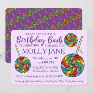 Rainbow Lollipop Candy Lila Birthday Bash Party Inbjudningar