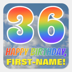 Rainbow look ’36’ & ’GRATTIS PÅ FÖDELSEDAGEN’, Clo Fyrkantigt Klistermärke