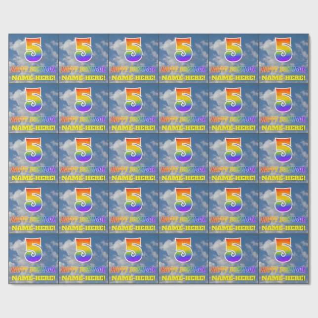 Rainbow look ’5’ & ’GRATTIS PÅ FÖDELSEDAGEN’, Clou Presentpapper (Platt)