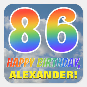 Rainbow look ’86’ & ’GRATTIS PÅ FÖDELSEDAGEN’, Clo Fyrkantigt Klistermärke