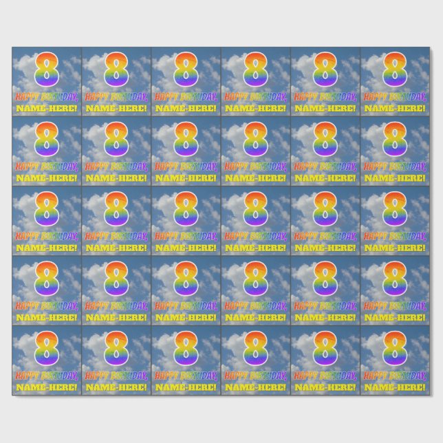 Rainbow look ’8’ & ’GRATTIS PÅ FÖDELSEDAGEN’, Clou Presentpapper (Platt)