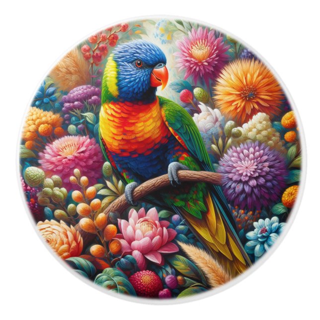 Rainbow Lorikeet Parrot med färgade blommor Knopp (Framsidan)