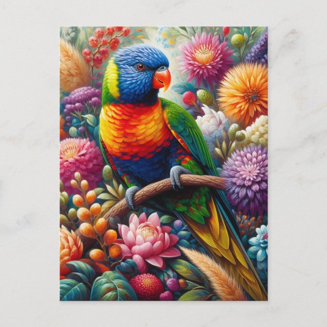 Rainbow Lorikeet Parrot med färgade blommor Vykort (Framsida)