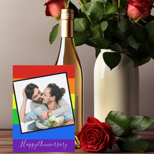 Rainbow Lycklig-årsdagen Gay Couple Photo Anpassni Kort (Skapare uppladdad)