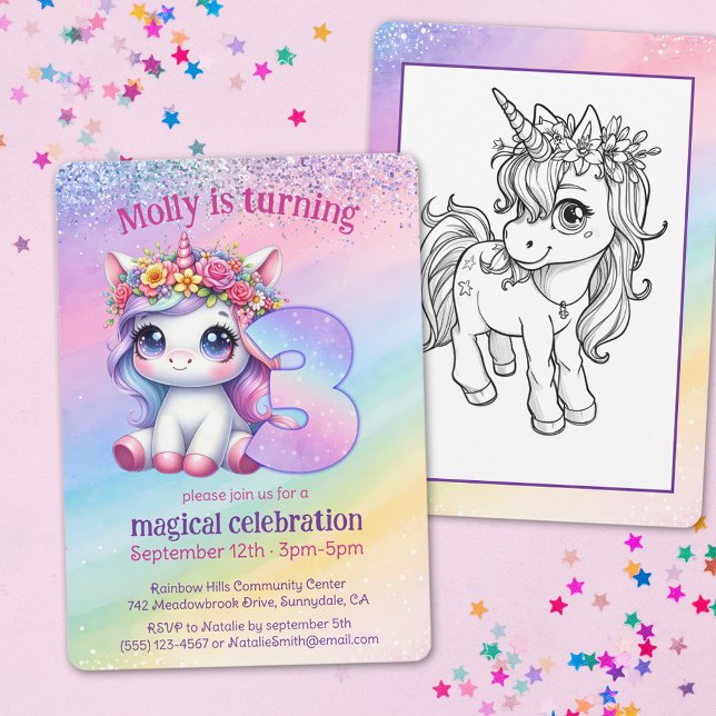 Rainbow magic Unicorn 3:e födelsedag Inbjudningar (Skapare uppladdad)