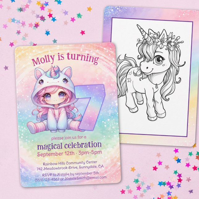 Rainbow magic Unicorn Whimsicle 7:e födelsedag Inbjudningar (Skapare uppladdad)