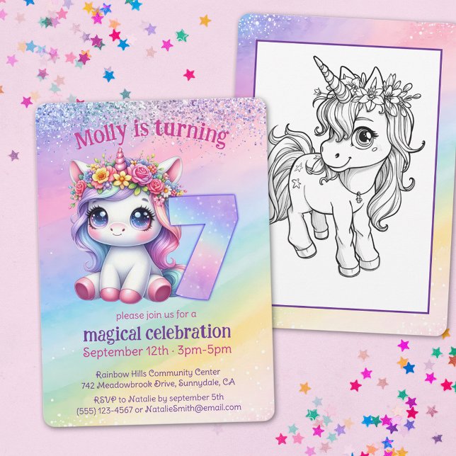 Rainbow magic Unicorn Whimsicle 7:e födelsedag Inbjudningar (Skapare uppladdad)