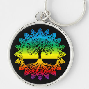 Rainbow Mandala Celtic Livets träd on Black Rund Silverfärgad Nyckelring