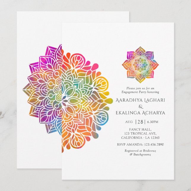 Rainbow Mandala indisk Förlovningsfest Inbjudningar (Fram/baksida)