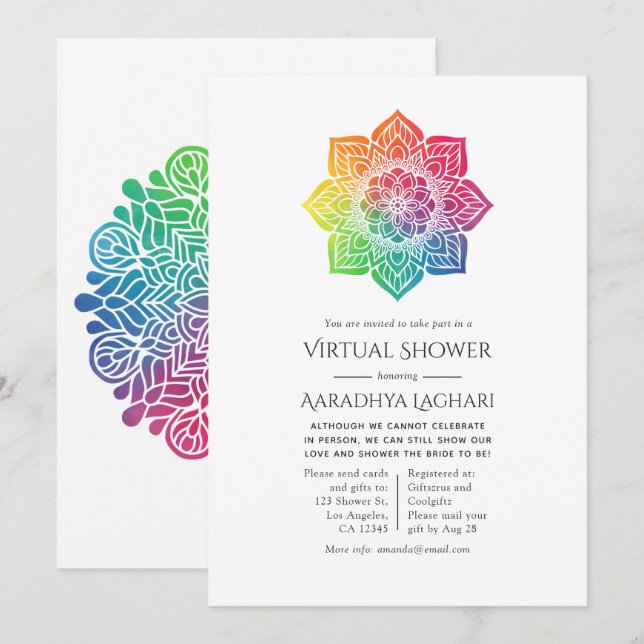Rainbow Mandala indisk Virtuell Shower Inbjudningar (Fram/baksida)