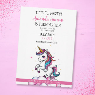 Rainbow Mane Sparkle Unicorn Girl 10th Birthday Inbjudningar