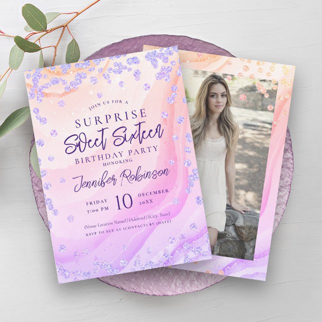 Rainbow Marble Glitter Photo SURPRISE Sweet 16 Inbjudningar (Rainbow Marble Glitter Photo SURPRISE Sweet 16 Invitation)