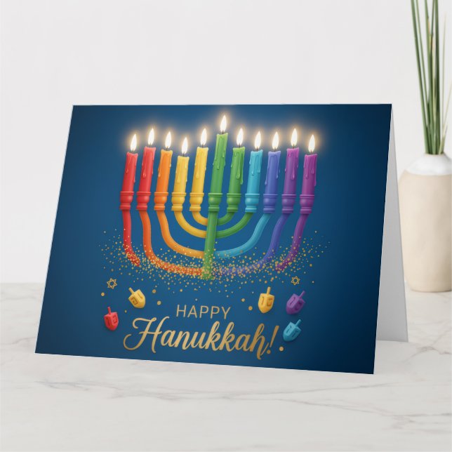 Rainbow Menorah Glow – Happy Hanukkah Card Tack Kort (Framsida)