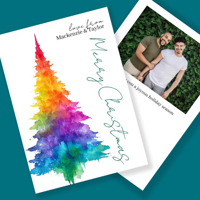 Rainbow Modern Christmas Tree Photo Personalized Julkort (Rainbow Modern Christmas Tree Photo Personalized Holiday Card by Ricaso. LGBT Gay pride rainbow tree)
