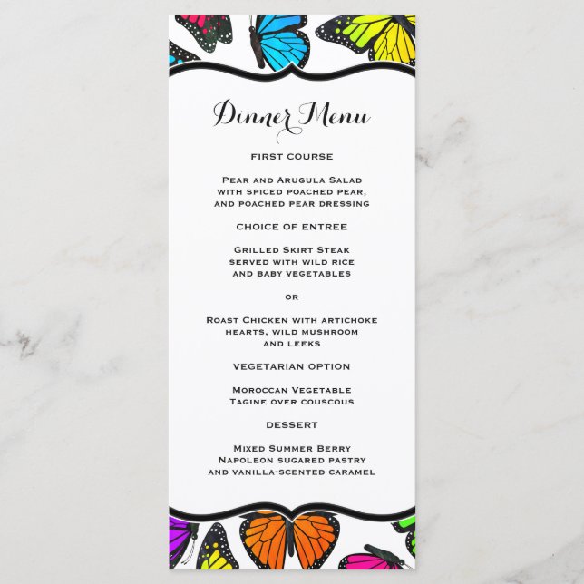 Rainbow Monarch Butterfly Slim Dinner Menu Meny (Framsida)