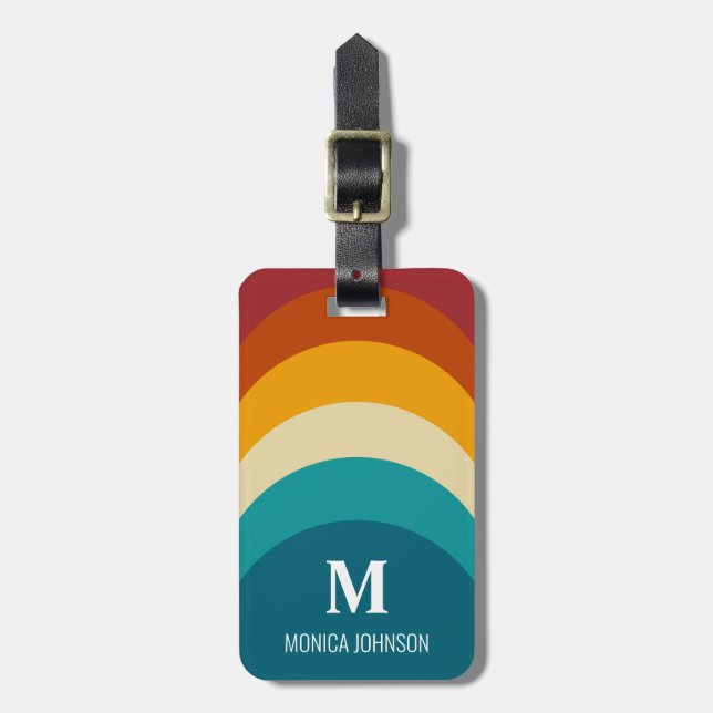 Rainbow Monogram eget namn Retro Sunset Rand Bagagebricka (Vertikal Framsida)