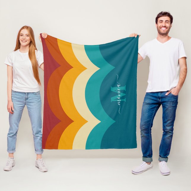 Rainbow Monogram eget namn Retro Sunset Rand Fleecefilt (På plats)