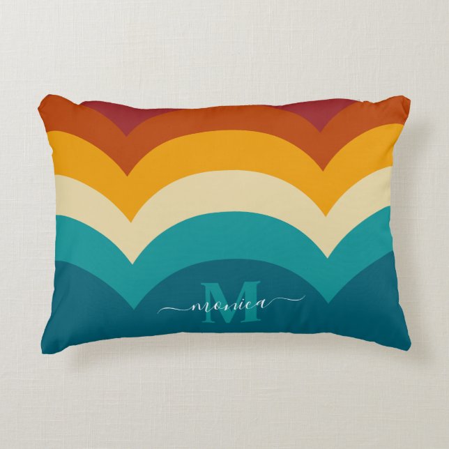 Rainbow Monogram eget namn Retro Sunset Rand Prydnadskudde (Framsidan)