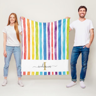 Rainbow Monogram Script Namn Watercolor Rand Fleecefilt