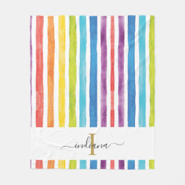 Rainbow Monogram Script Namn Watercolor Rand Fleecefilt